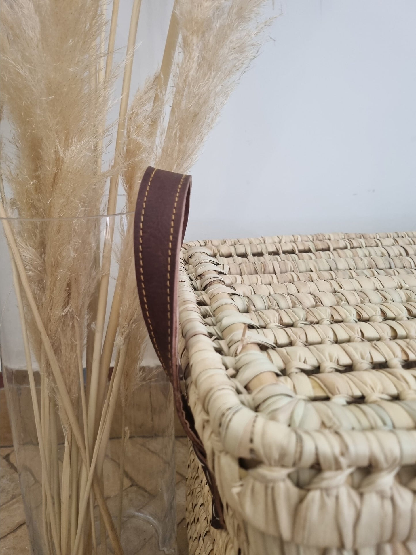 Side view of rustic wicker storage container