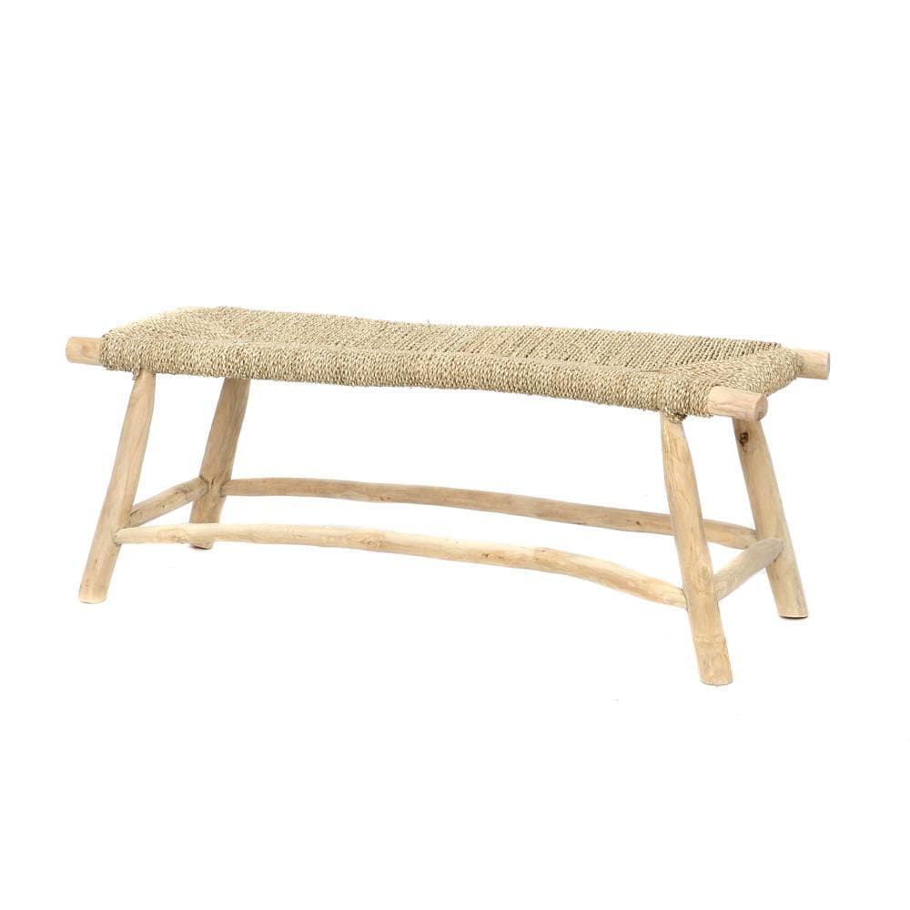 Banc marocain en bois massif tressé à la main avec tissage naturel.