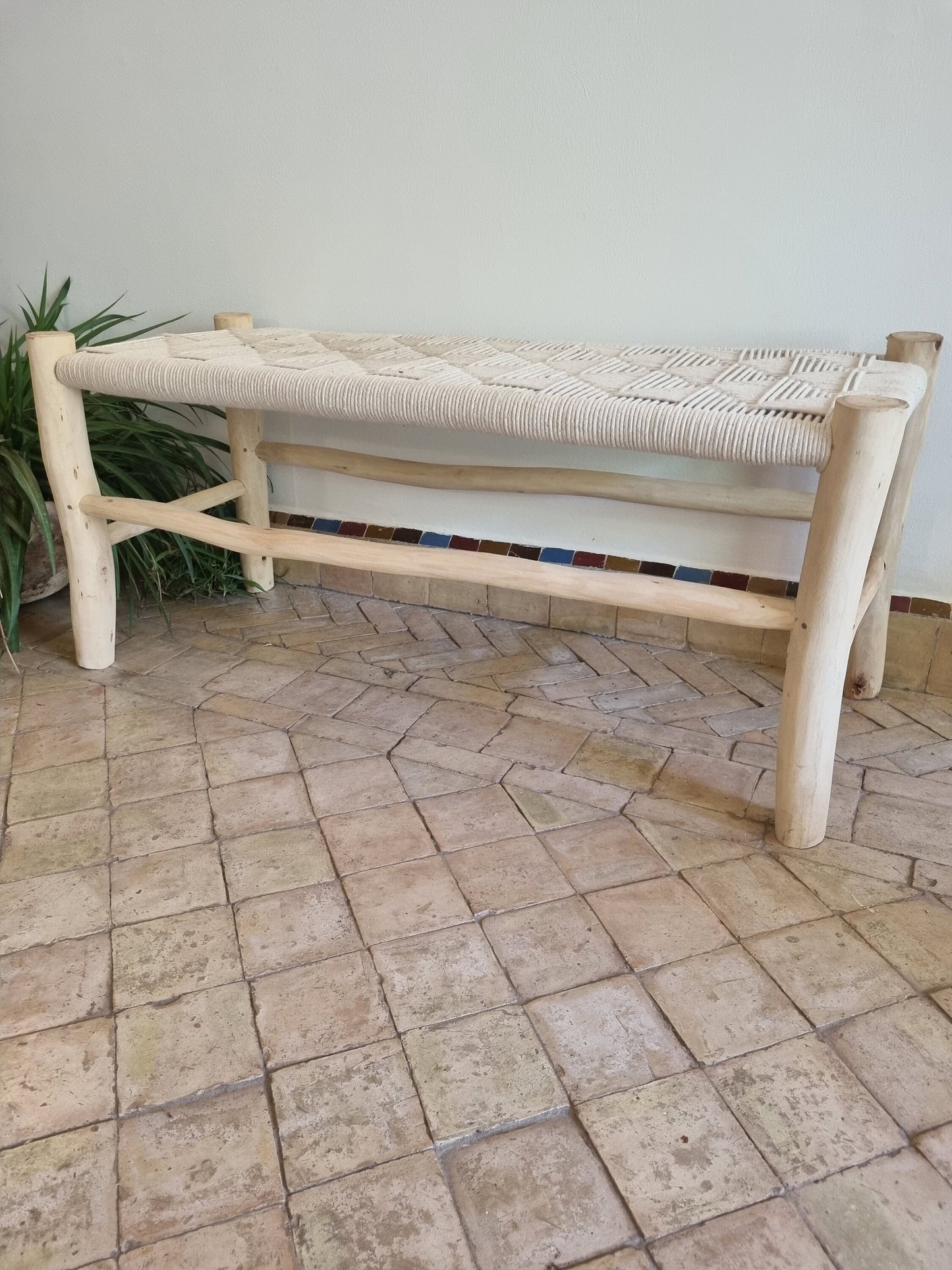 Outdoor garden bench with rope weaving
