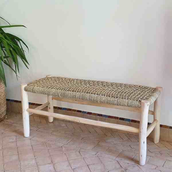 Solid wood bench with natural weaving, suitable for indoor and outdoor furniture.
