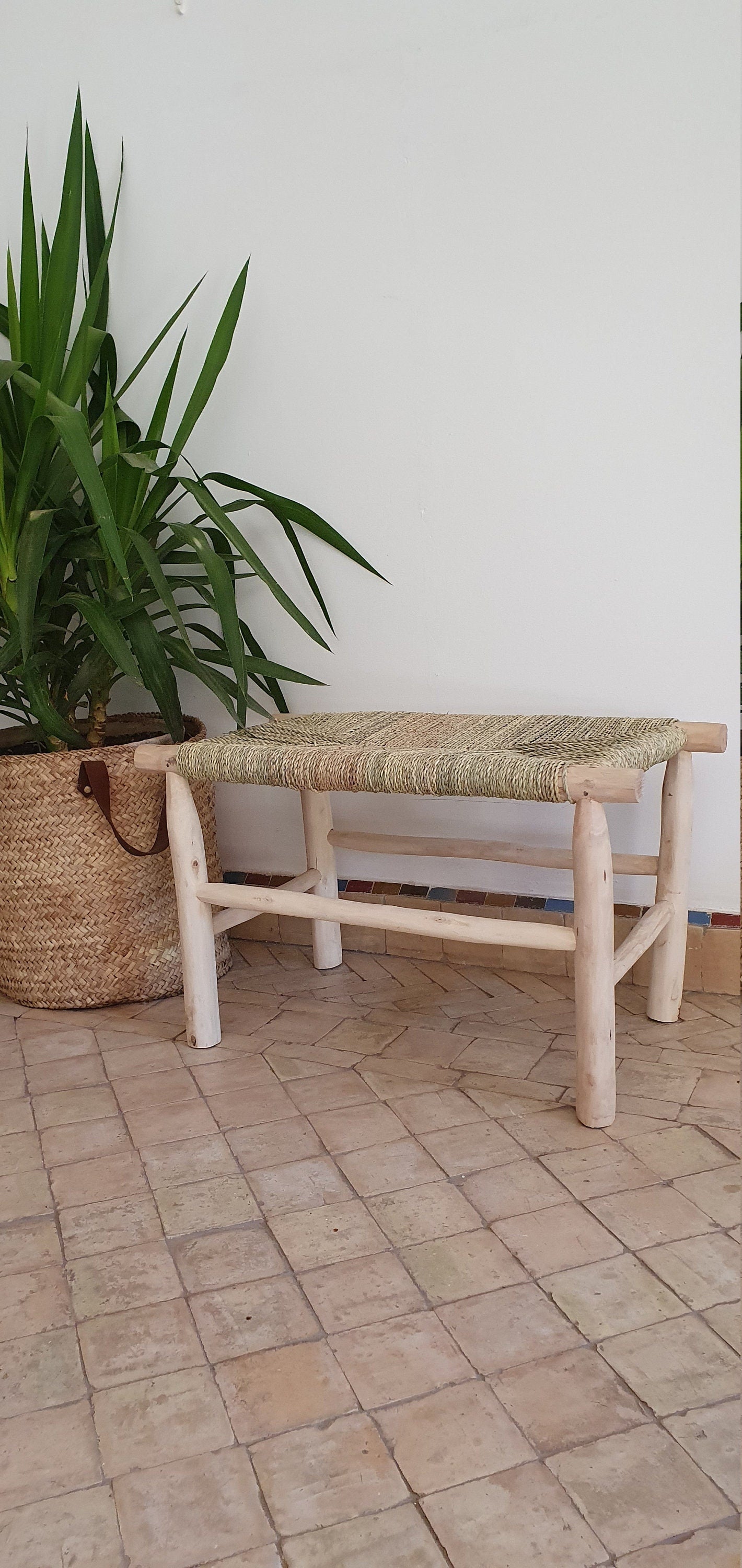 Solid wood Moroccan bench with intricate woven design
