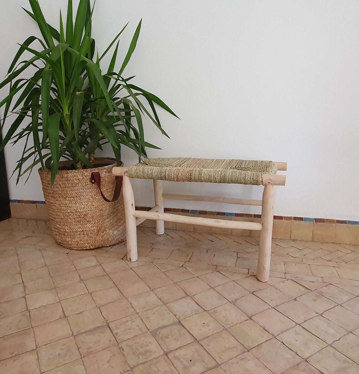 Image of a Moroccan bench crafted from woven solid wood