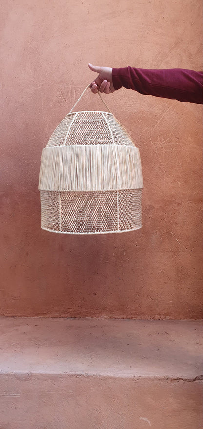 Raffia Lace Bell Lampshade, 55cm, hanging in a room with natural light